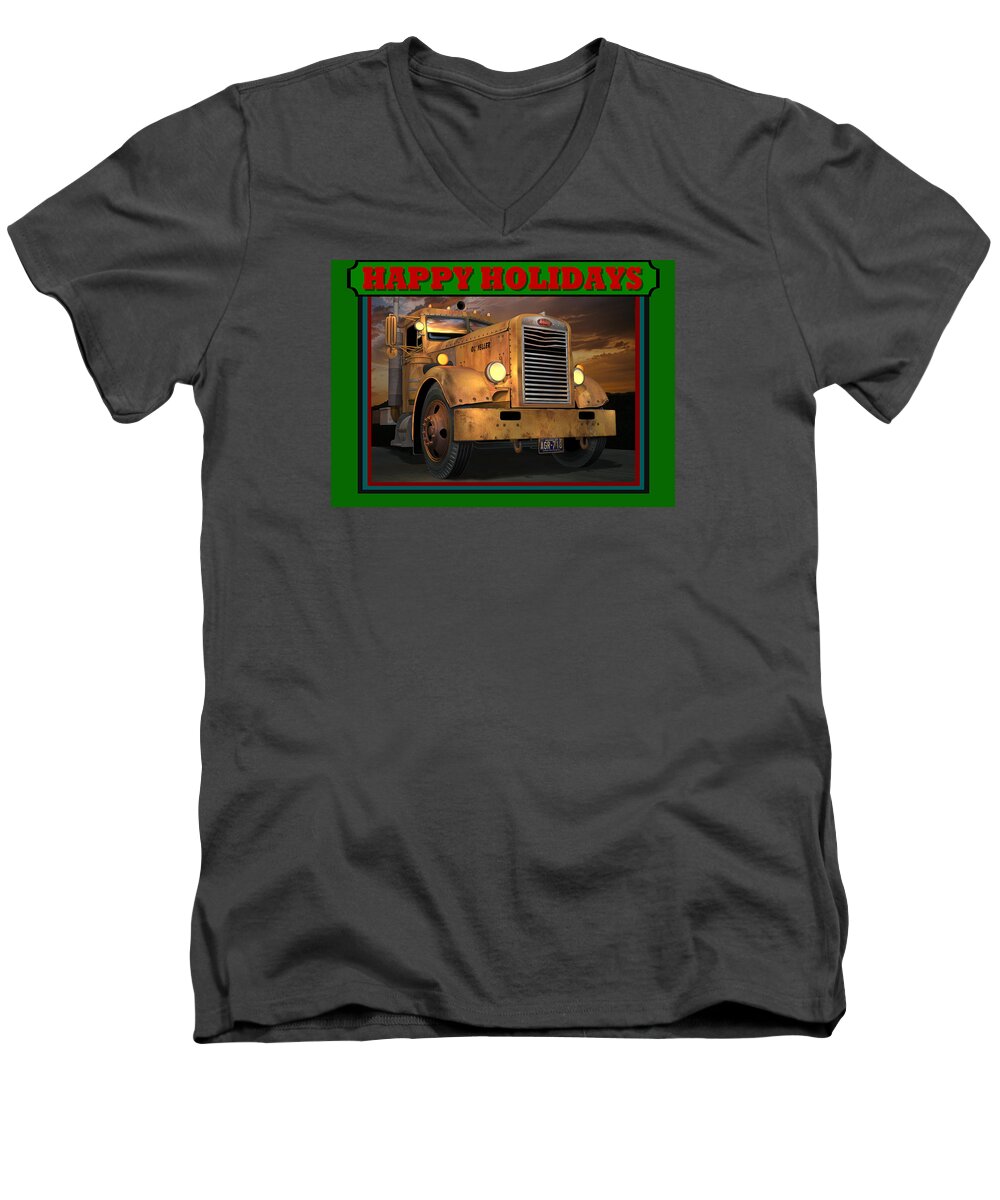 Peterbilt Men's V-Neck T-Shirt featuring the digital art Pete Ol' Yeller Happy Holidays by Stuart Swartz