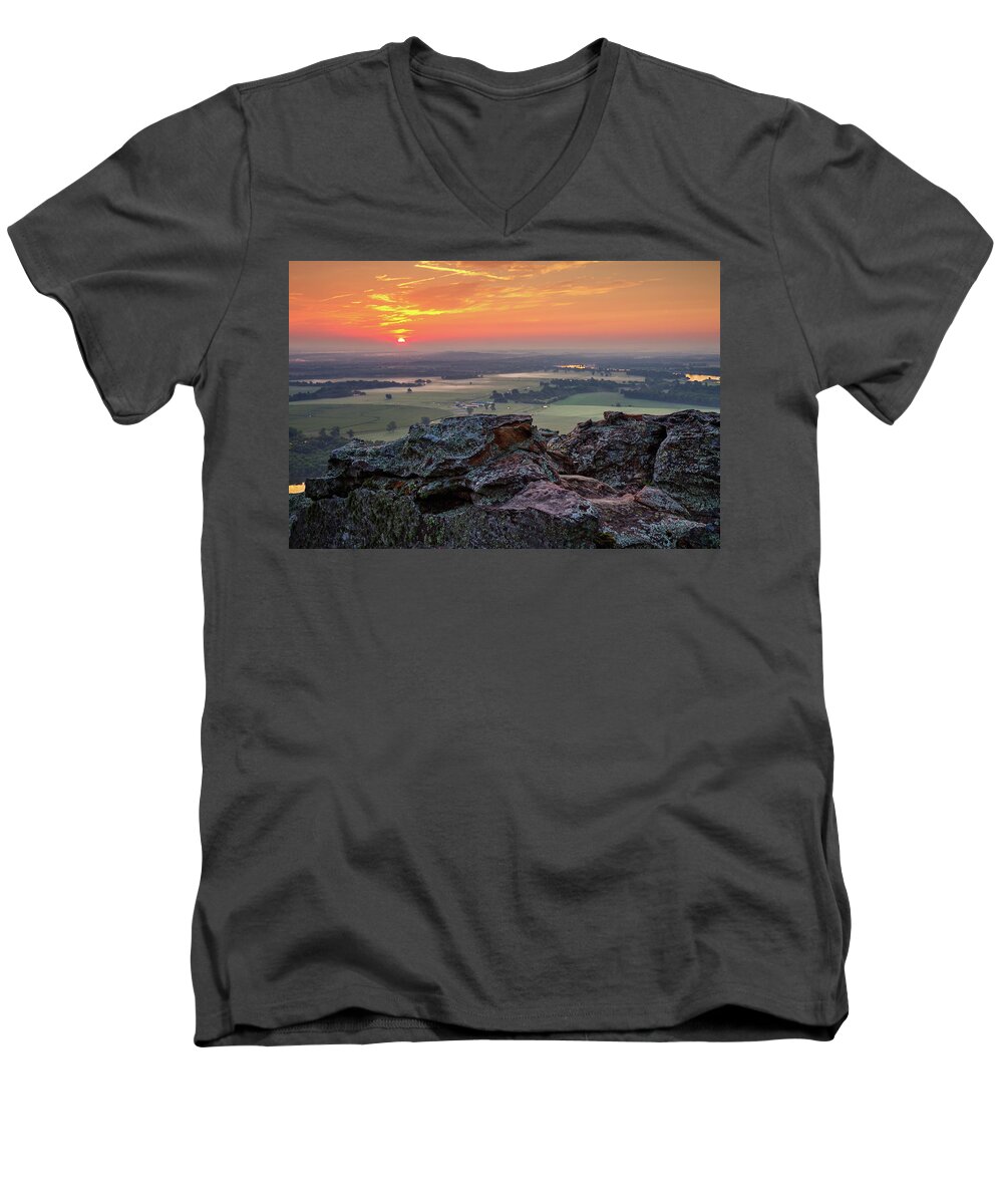 Sunrise Men's V-Neck T-Shirt featuring the photograph Petit Jean Sunrise by Eilish Palmer