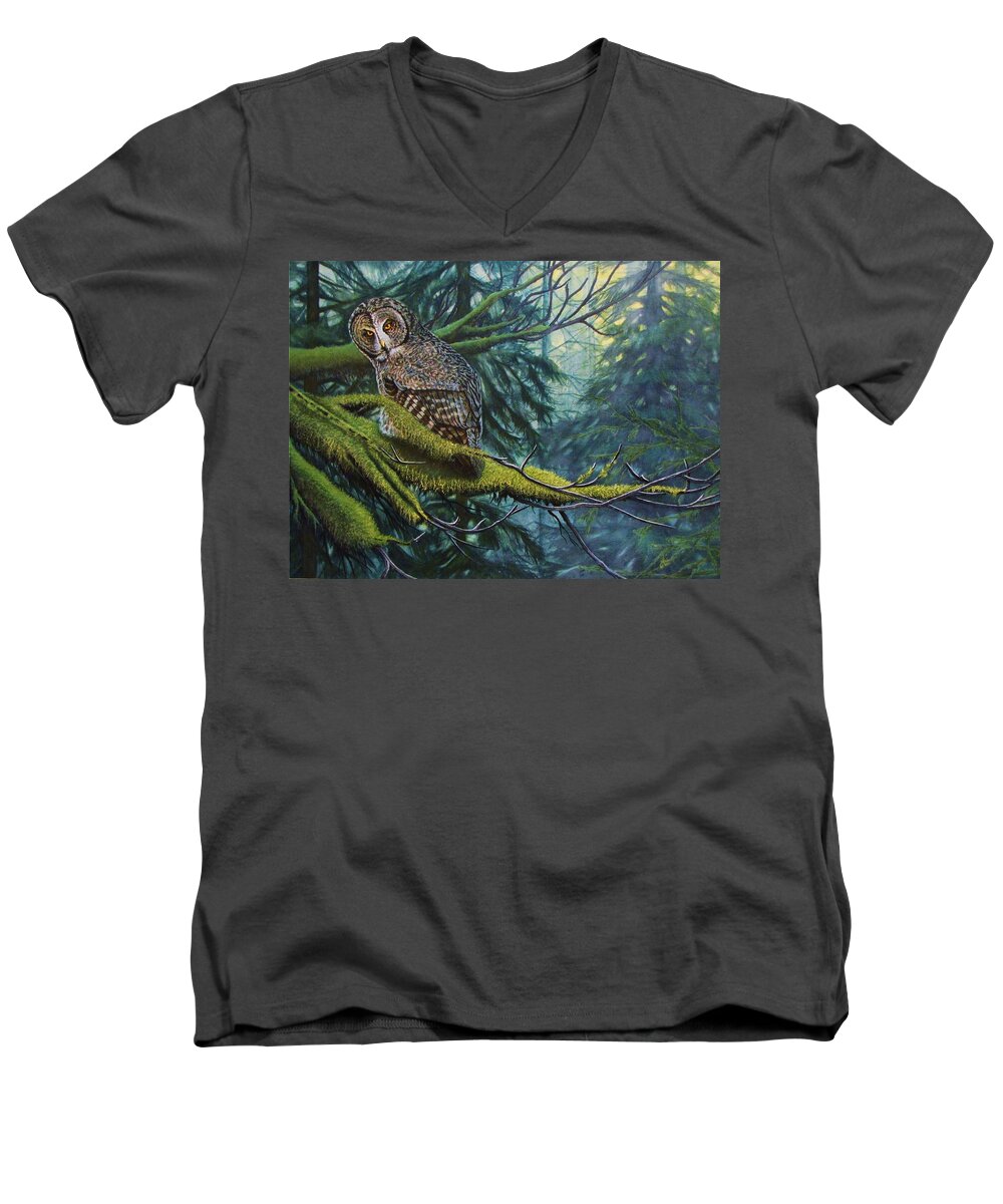 Owl Men's V-Neck T-Shirt featuring the painting Phantom of The North by Greg and Linda Halom
