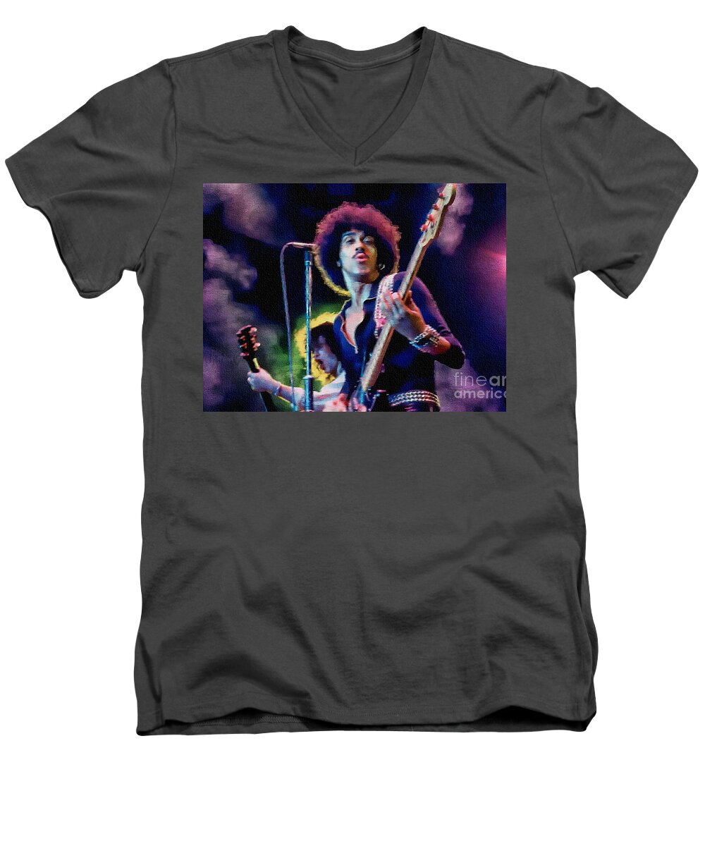 Thin Lizzy Men's V-Neck T-Shirt featuring the painting Phil Lynott - Thin Lizzy by Ian Gledhill