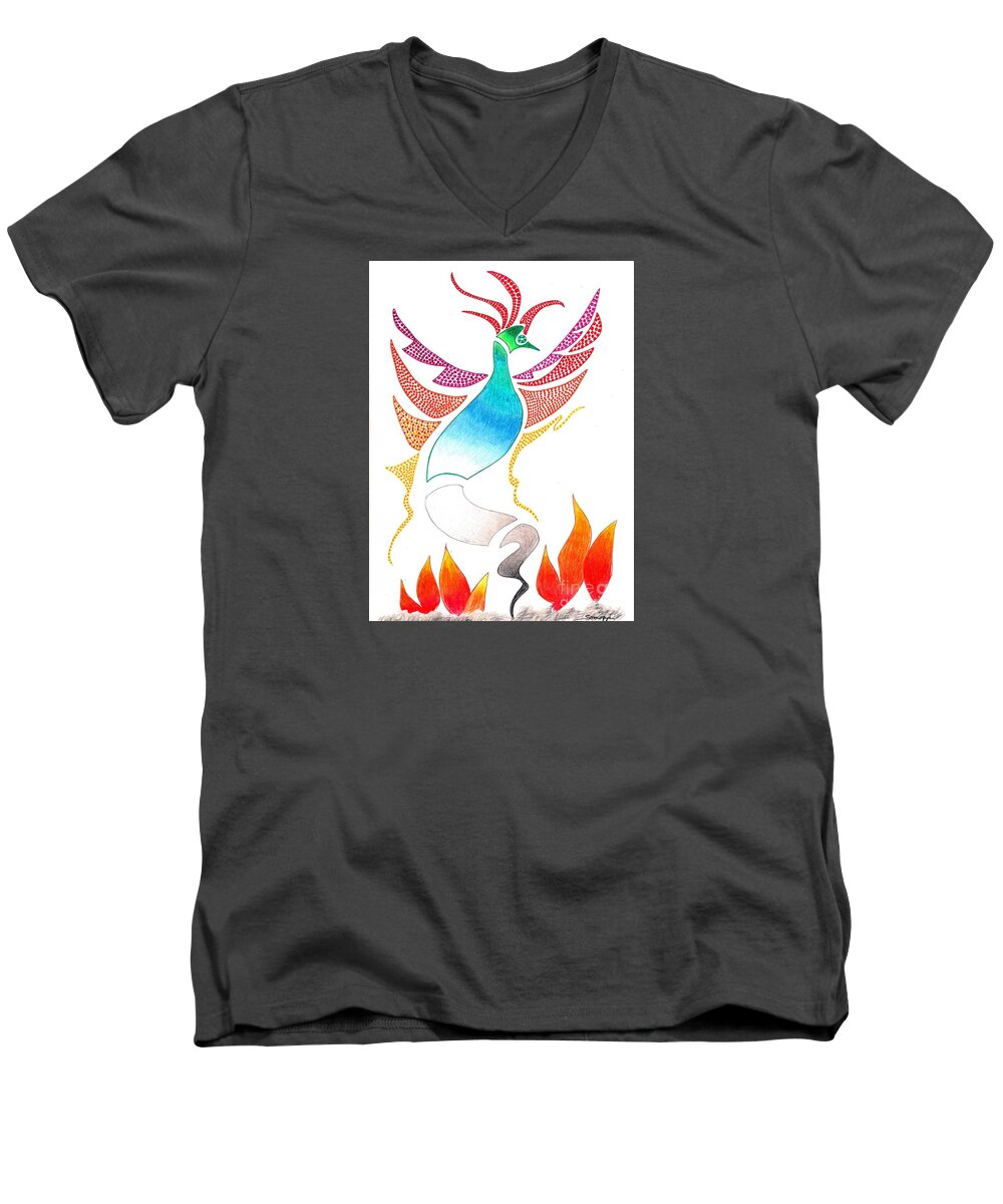 Mythology Men's V-Neck T-Shirt featuring the mixed media Phoenix Rising by Jayne Somogy