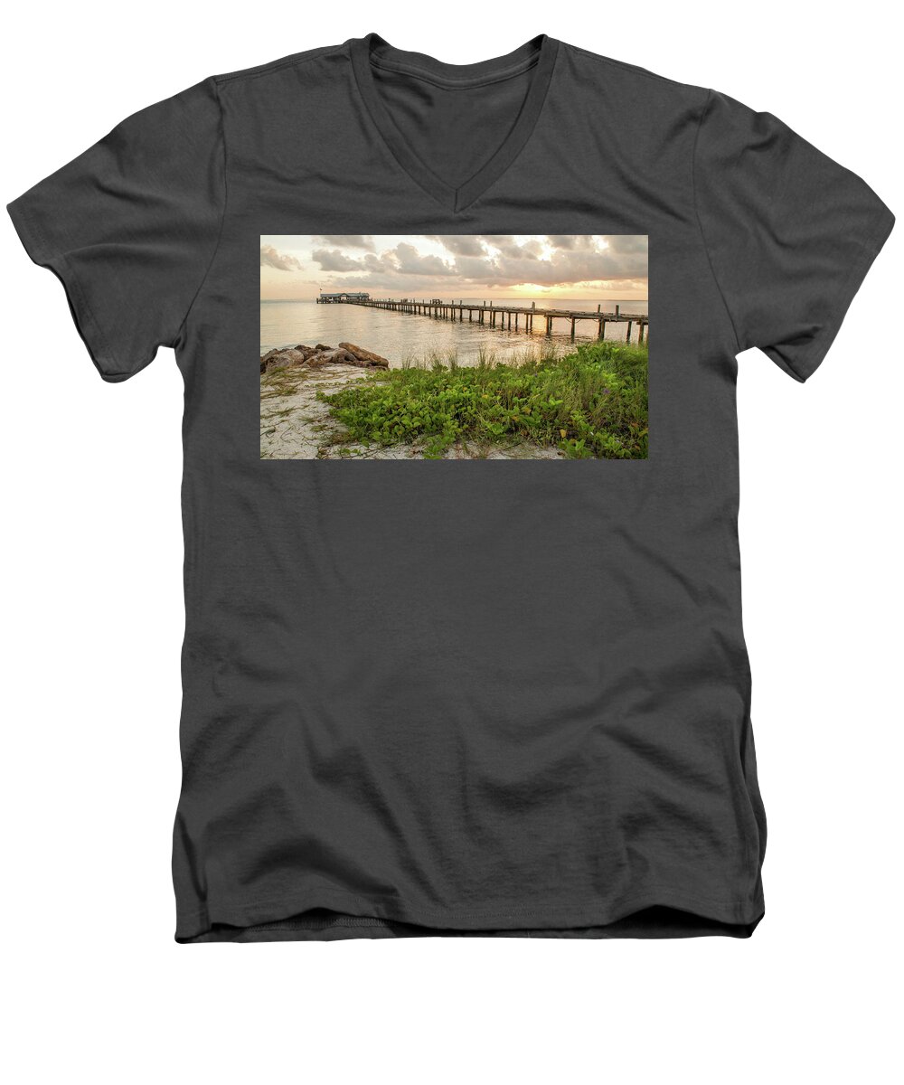 Pier.sunrise Men's V-Neck T-Shirt featuring the photograph Pier at Sunrise by Geraldine Alexander