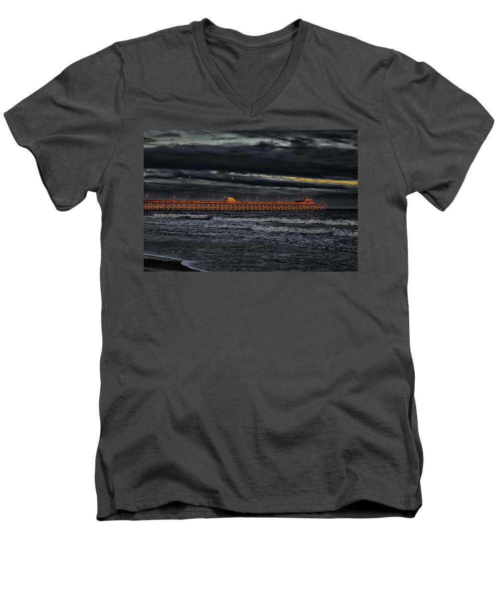 Atlantic Men's V-Neck T-Shirt featuring the photograph Pier Into Darkness by Kelly Reber