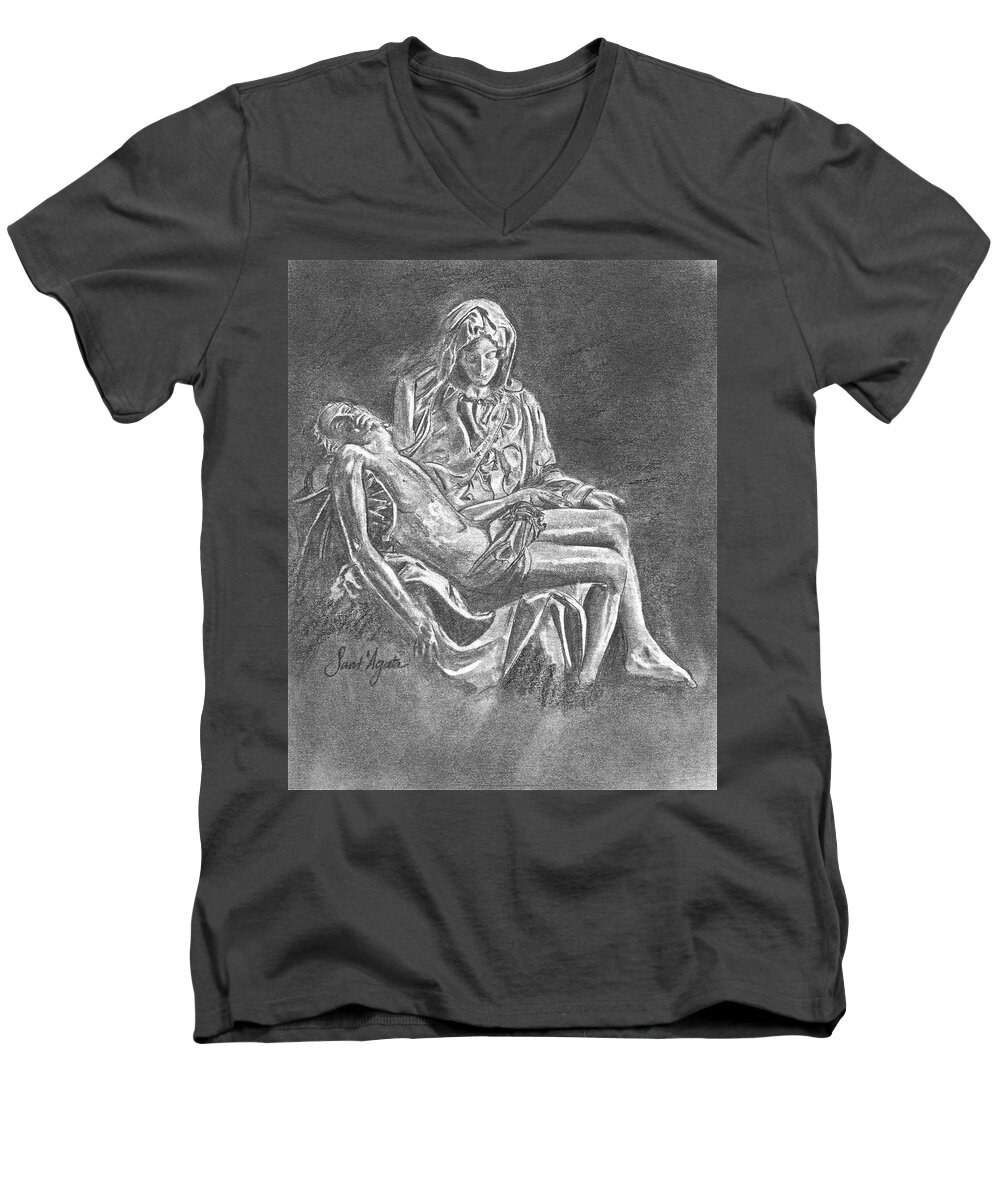Michelangelo Men's V-Neck T-Shirt featuring the drawing Pieta by Frank SantAgata