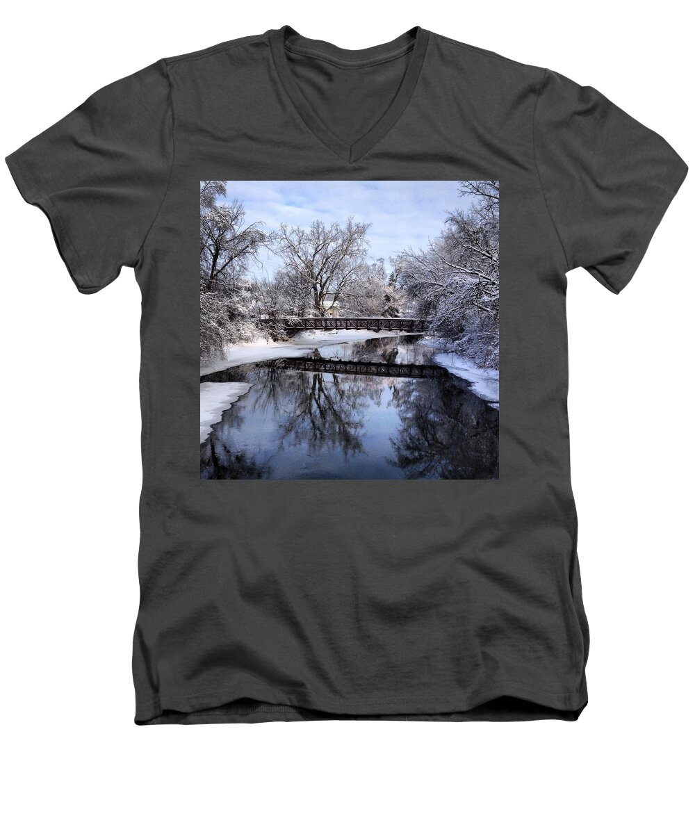Alma Men's V-Neck T-Shirt featuring the photograph Pine River Foot Bridge from Superior in Winter by Chris Brown