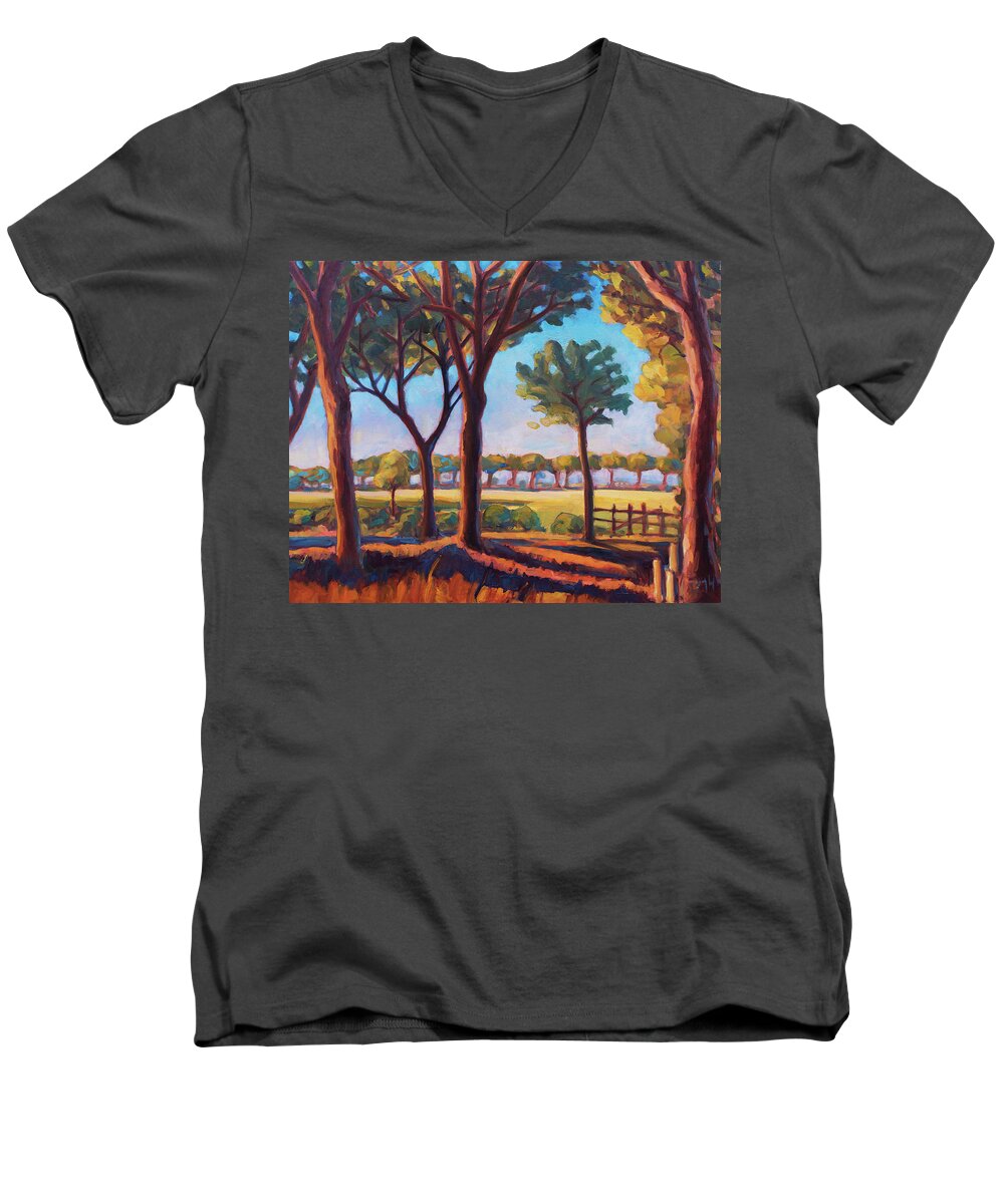 Pine Men's V-Neck T-Shirt featuring the painting Pinewood in color by Marco Busoni