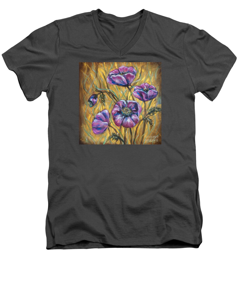 Poppies Men's V-Neck T-Shirt featuring the painting Pink Blooms by Linda Olsen