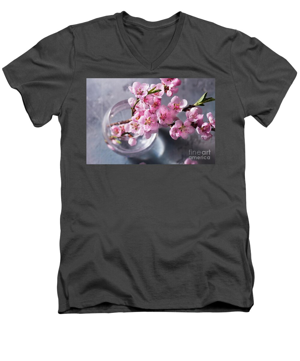 Cherry Men's V-Neck T-Shirt featuring the photograph Pink Cherry Blossom by Anastasy Yarmolovich