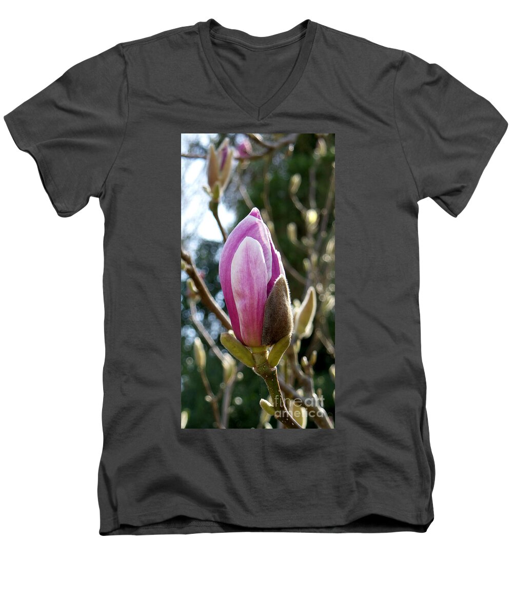 Photography Men's V-Neck T-Shirt featuring the photograph Pink early bloom by Francesca Mackenney