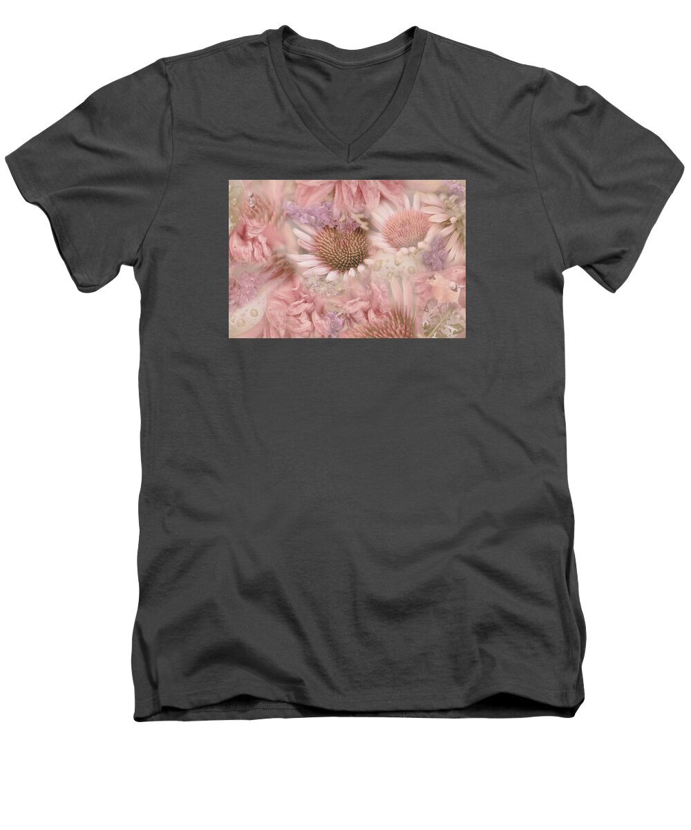 Nature Men's V-Neck T-Shirt featuring the painting Pink Floral Montage by Bonnie Bruno