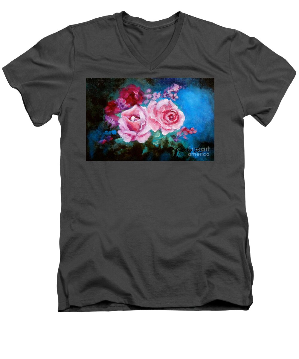 Pink Men's V-Neck T-Shirt featuring the painting Pink Roses on Blue by Jenny Lee