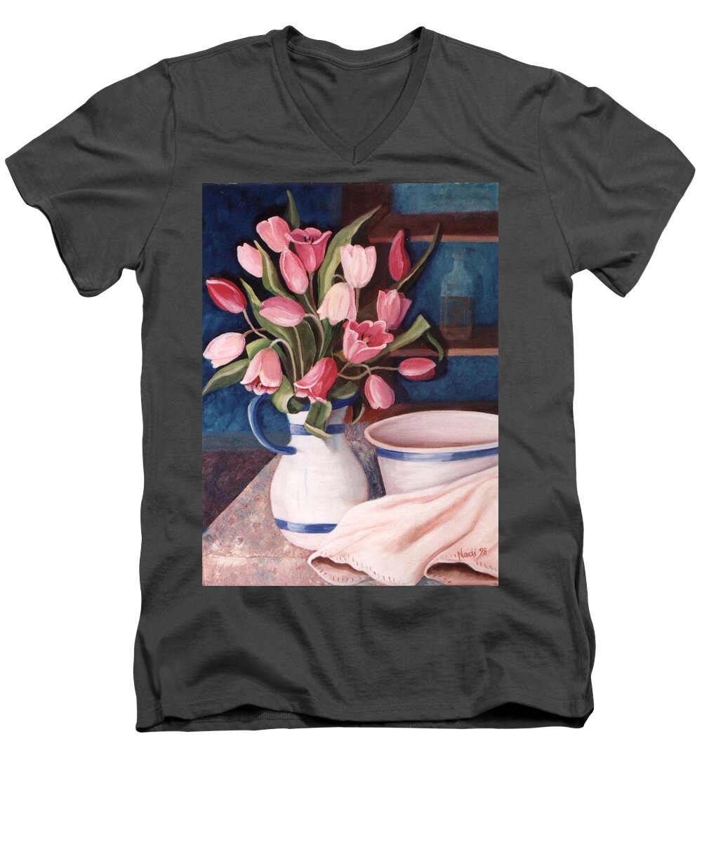 Pink Tulips Men's V-Neck T-Shirt featuring the painting Pink Tulips by Renate Wesley