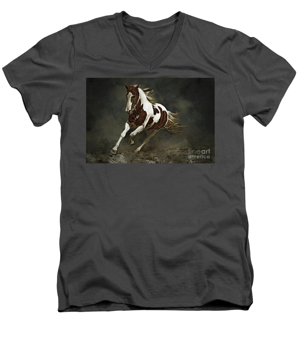 Horse Men's V-Neck T-Shirt featuring the photograph Pinto Horse in Motion by Dimitar Hristov
