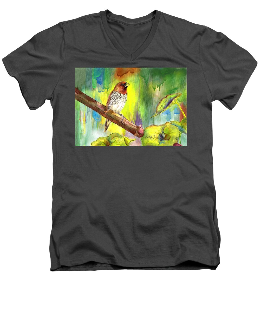 Bird Men's V-Neck T-Shirt featuring the painting Pinzon Canella by Janet Garcia