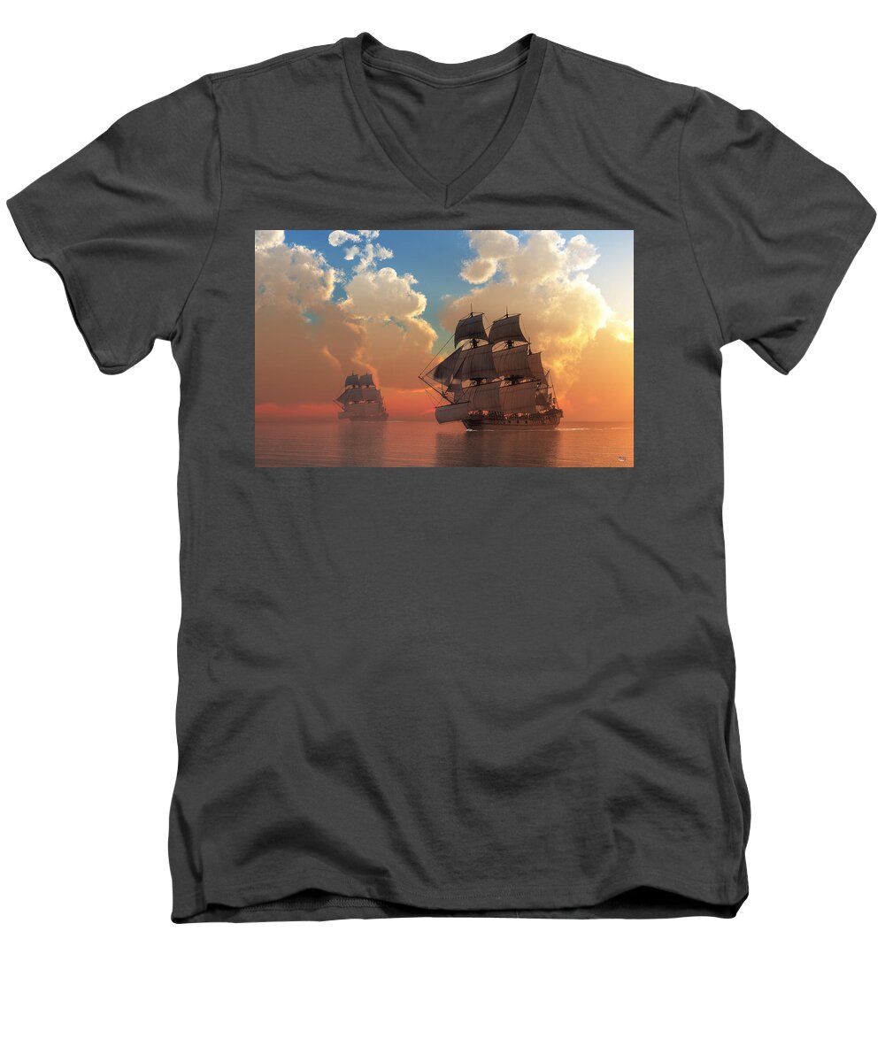 Pirate Sunset Men's V-Neck T-Shirt featuring the digital art Pirate Sunset by Daniel Eskridge