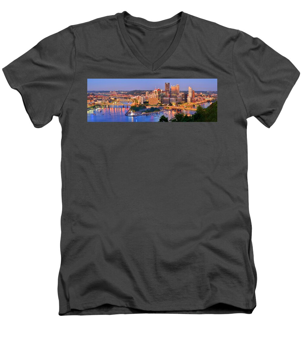 Pittsburgh Skyline Men's V-Neck T-Shirt featuring the photograph Pittsburgh Pennsylvania Skyline at Dusk Sunset Panorama by Jon Holiday