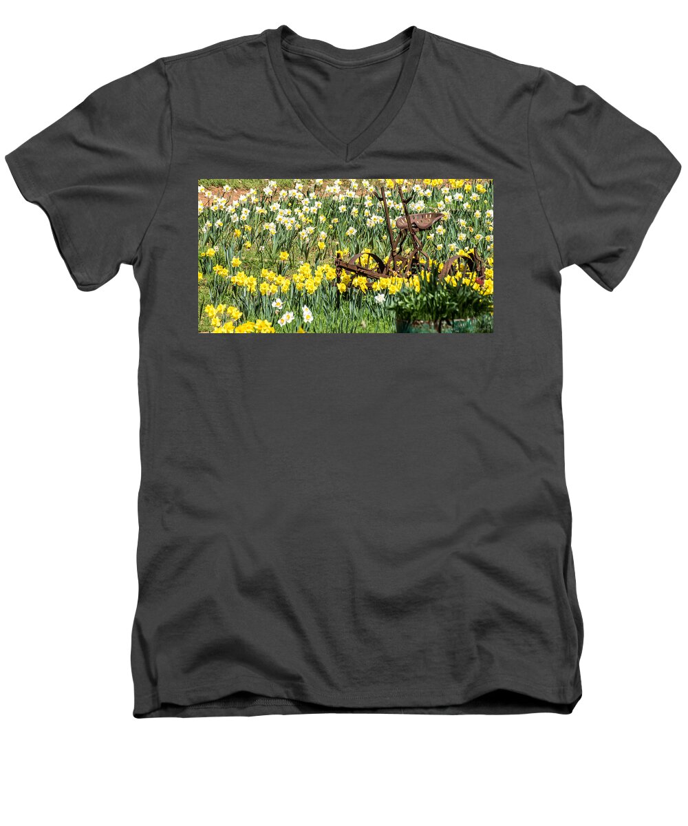  Men's V-Neck T-Shirt featuring the photograph Plow in Field of Daffodils by Wendy Carrington
