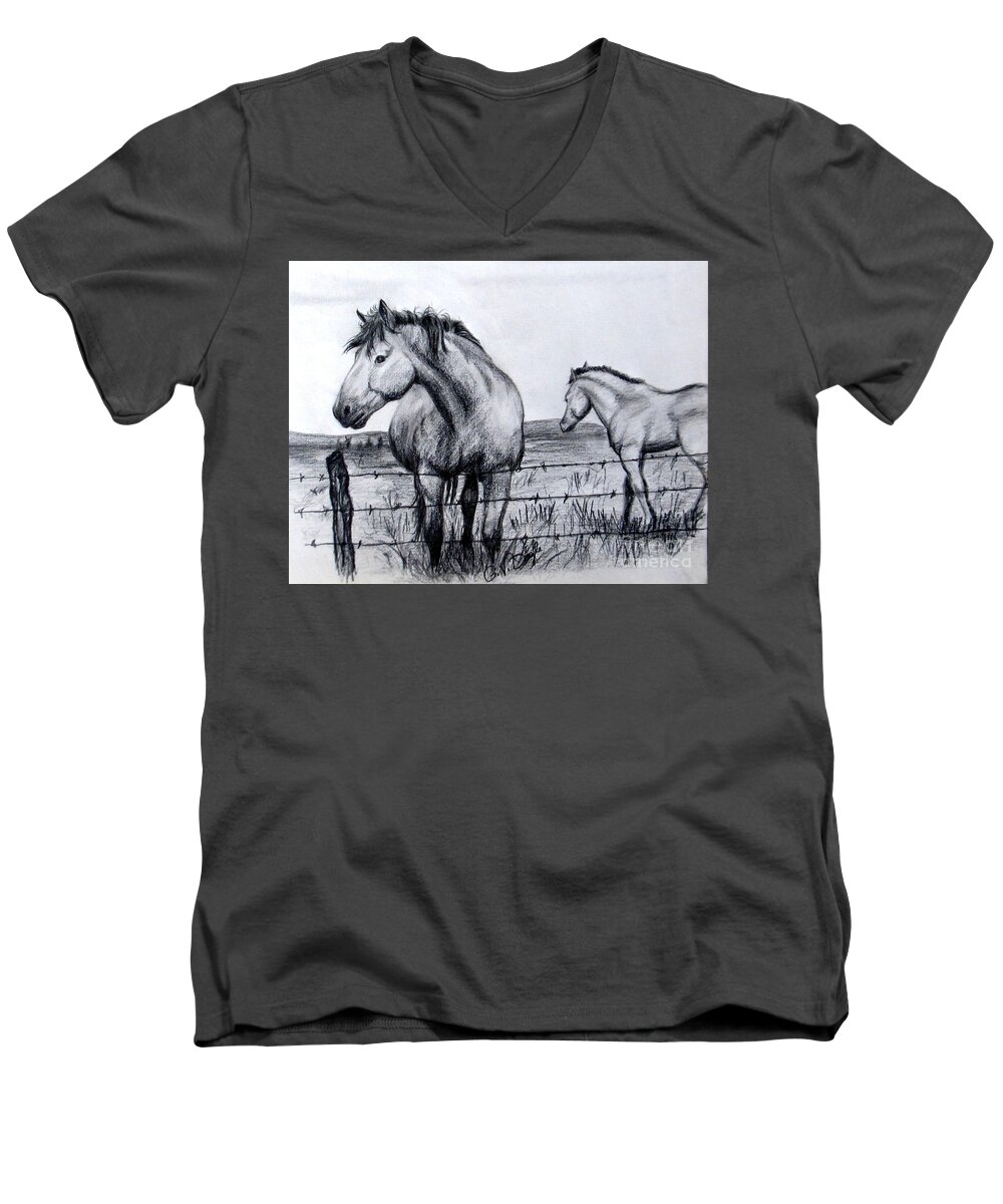 Horse Men's V-Neck T-Shirt featuring the drawing Ponder Texas Horses by Georgia Doyle