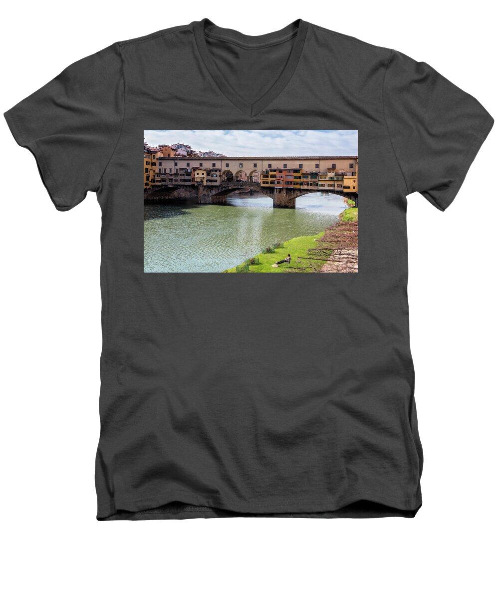 Joan Carroll Men's V-Neck T-Shirt featuring the photograph Ponte Vecchio Florence Italy II by Joan Carroll
