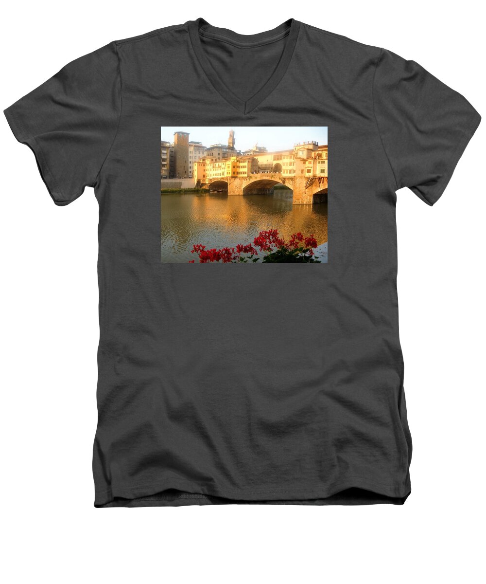 Ponte Vecchio Bridge Florence Italy Bathed In Sunlight Men's V-Neck T-Shirt featuring the photograph Ponte Vecchio in Florence by Lisa Boyd
