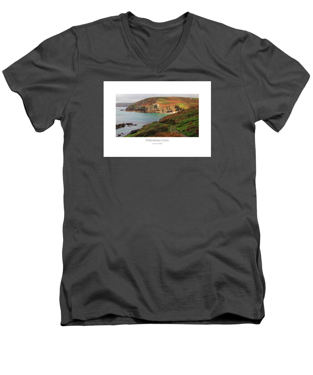 Cornwall Men's V-Neck T-Shirt featuring the digital art Portheras Cove by Julian Perry
