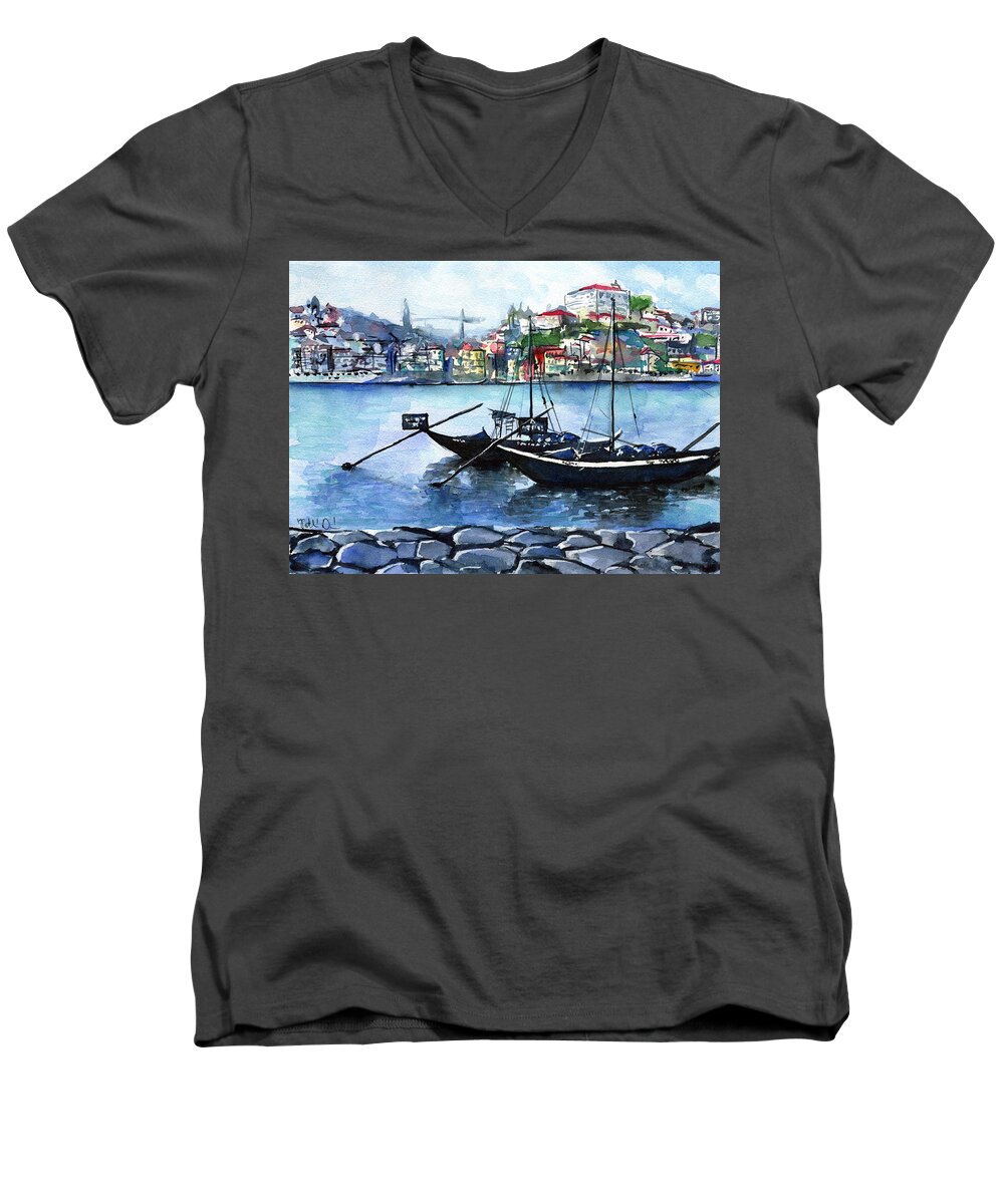 Porto Painting Men's V-Neck T-Shirt featuring the painting Porto Rabelo Boats by Dora Hathazi Mendes