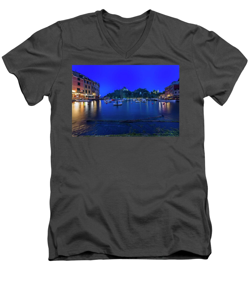 Portofino Men's V-Neck T-Shirt featuring the photograph PORTOFINO BAY BY NIGHT - Notte sulla baia di Portofino by Enrico Pelos