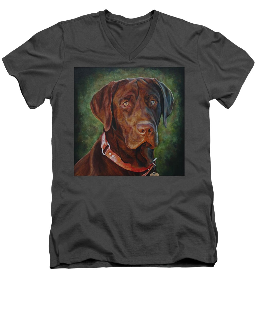 Chocolate Lab Men's V-Neck T-Shirt featuring the painting Portrait of Remington 0094_2 by Steven Ward