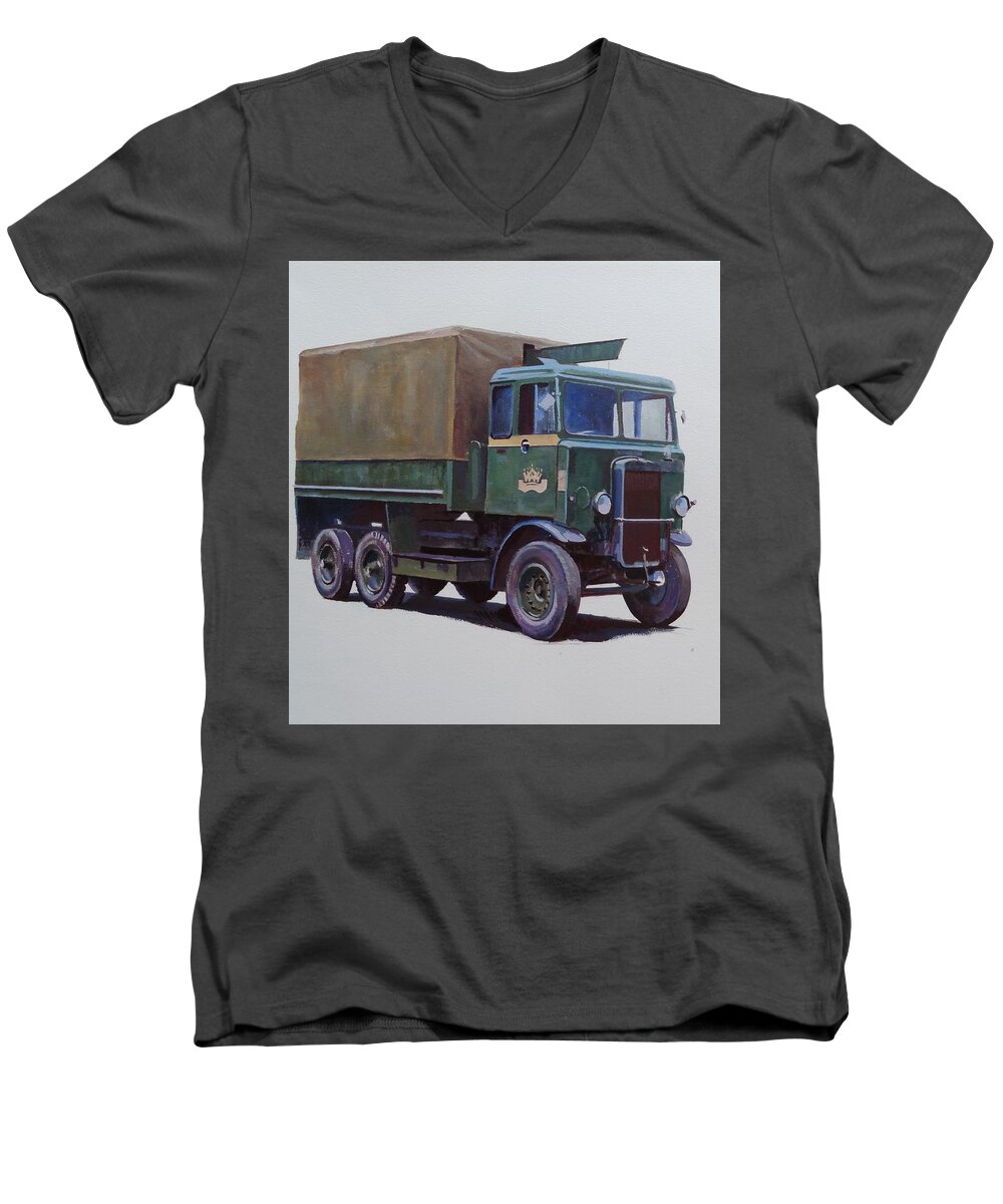 Leyland Men's V-Neck T-Shirt featuring the painting Pre-war Leyland wrecker. by Mike Jeffries