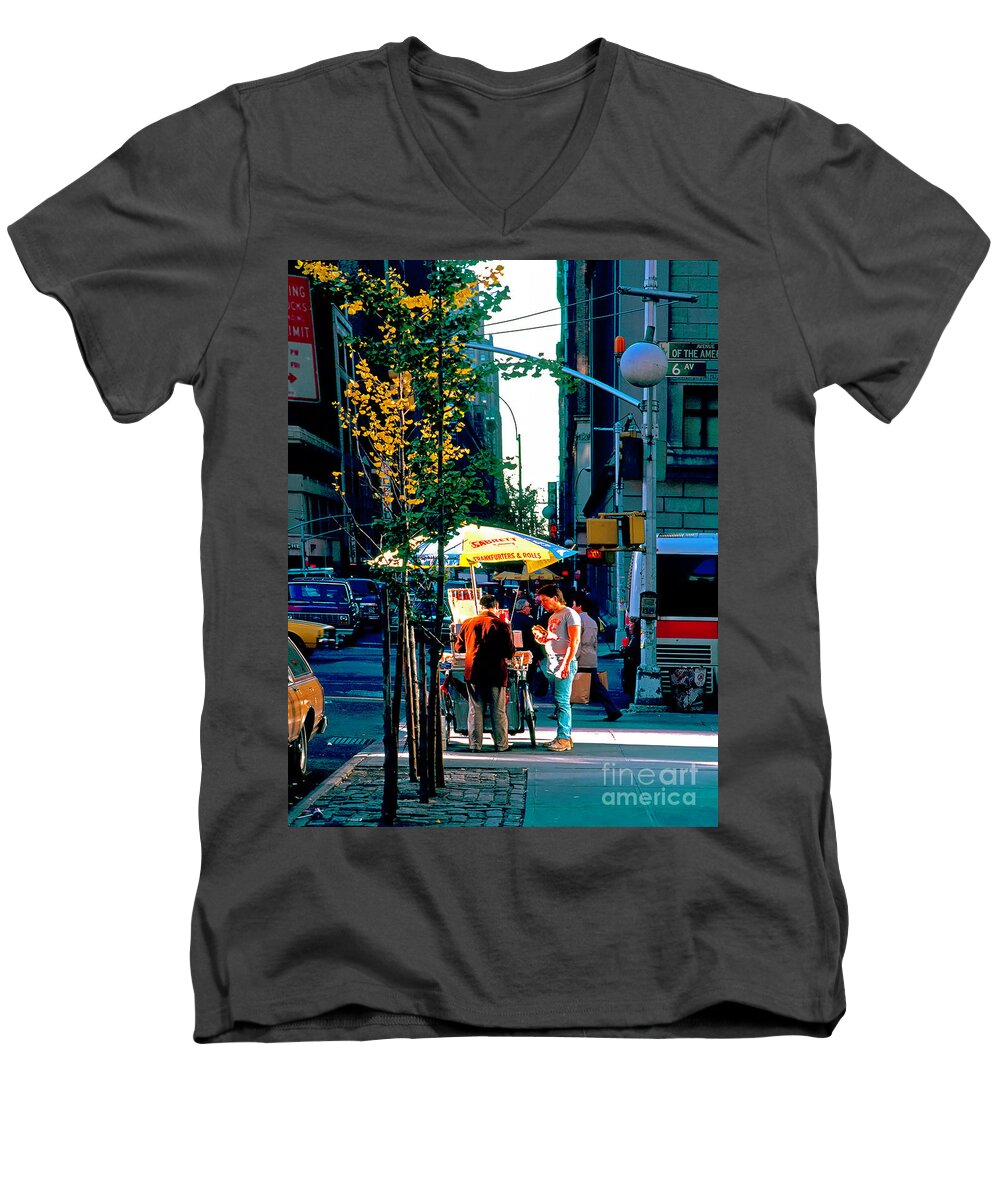 Hot Dog Stand Men's V-Neck T-Shirt featuring the photograph Hot Dog Stand NYC late afternoon ik by Tom Jelen