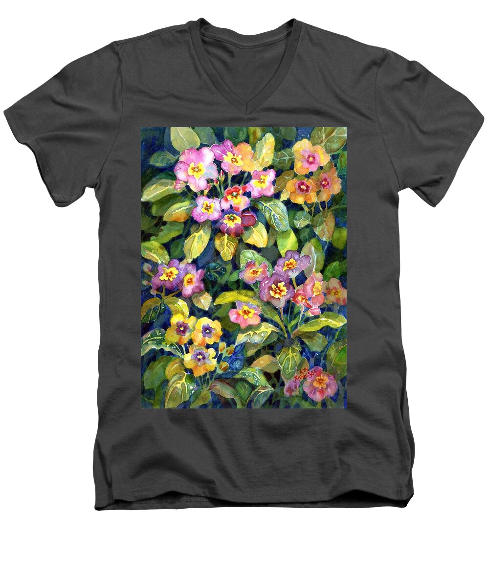 Watercolor Men's V-Neck T-Shirt featuring the painting Primrose patch II by Ann Nicholson