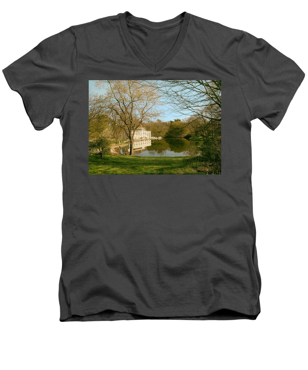 Boathouse Men's V-Neck T-Shirt featuring the photograph Prospect Park Boathouse by Jessica Jenney