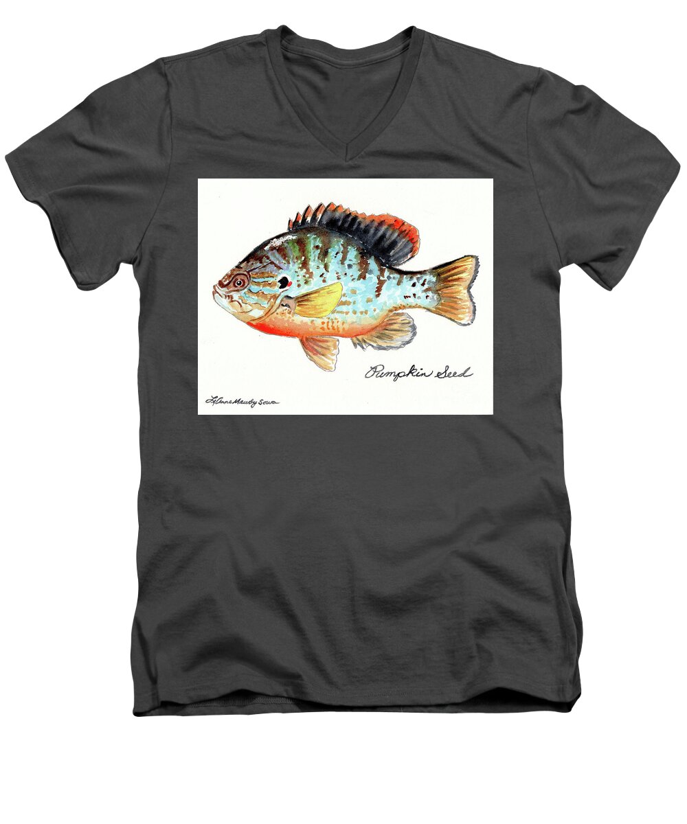 Pumpkinseed Men's V-Neck T-Shirt featuring the painting Pumpkin Seed Fish by LeAnne Sowa