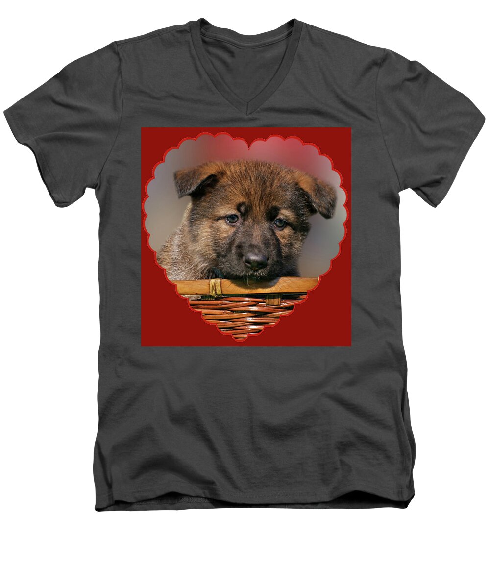 German Shepherd Men's V-Neck T-Shirt featuring the photograph Puppy in Red Heart by Sandy Keeton