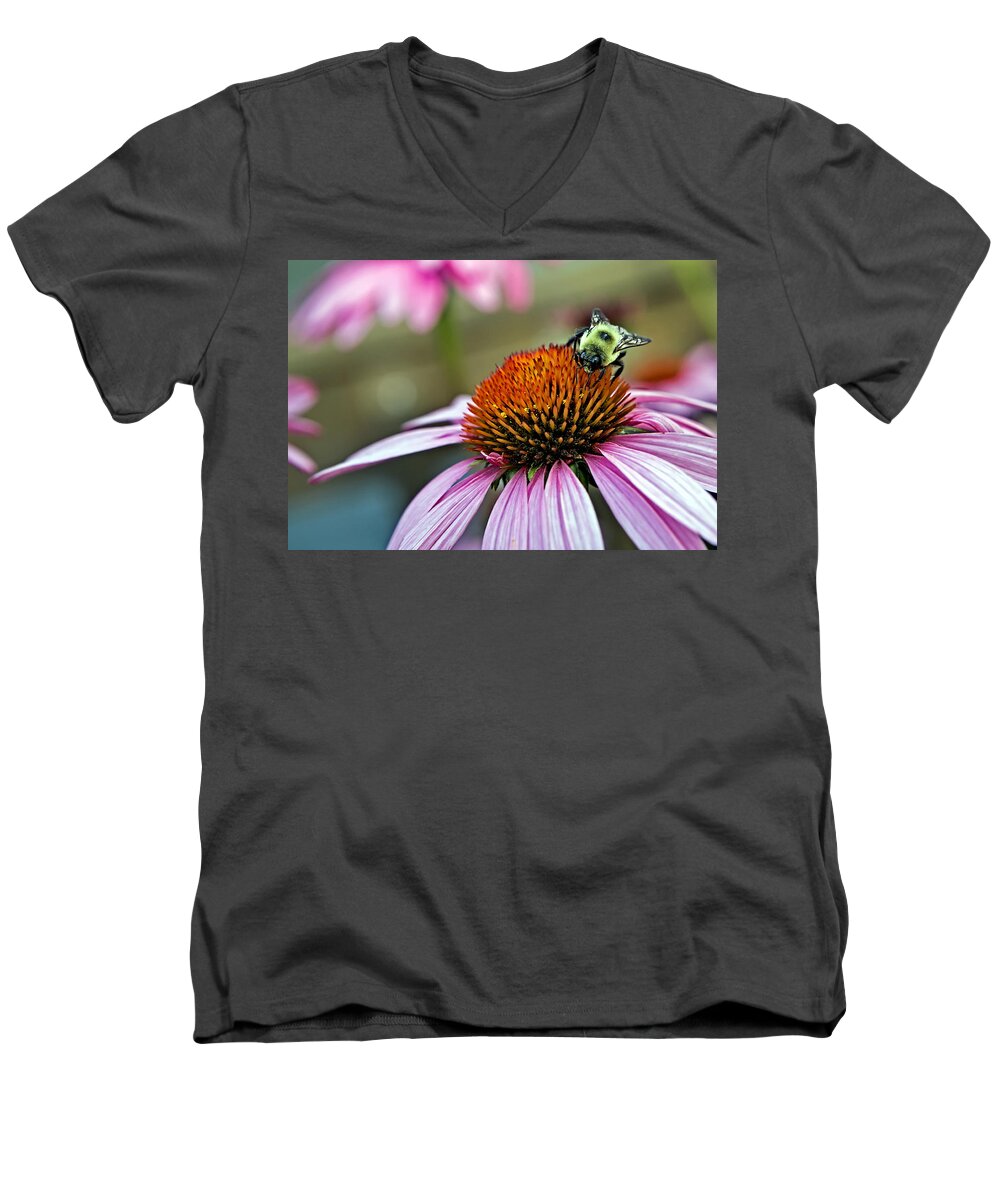 Macro Men's V-Neck T-Shirt featuring the photograph Purple Cone Flower and Bee by Al Mueller