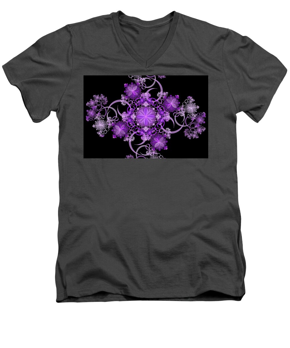 Abstract Fractal Men's V-Neck T-Shirt featuring the photograph Purple Floral Celebration by Sandy Keeton