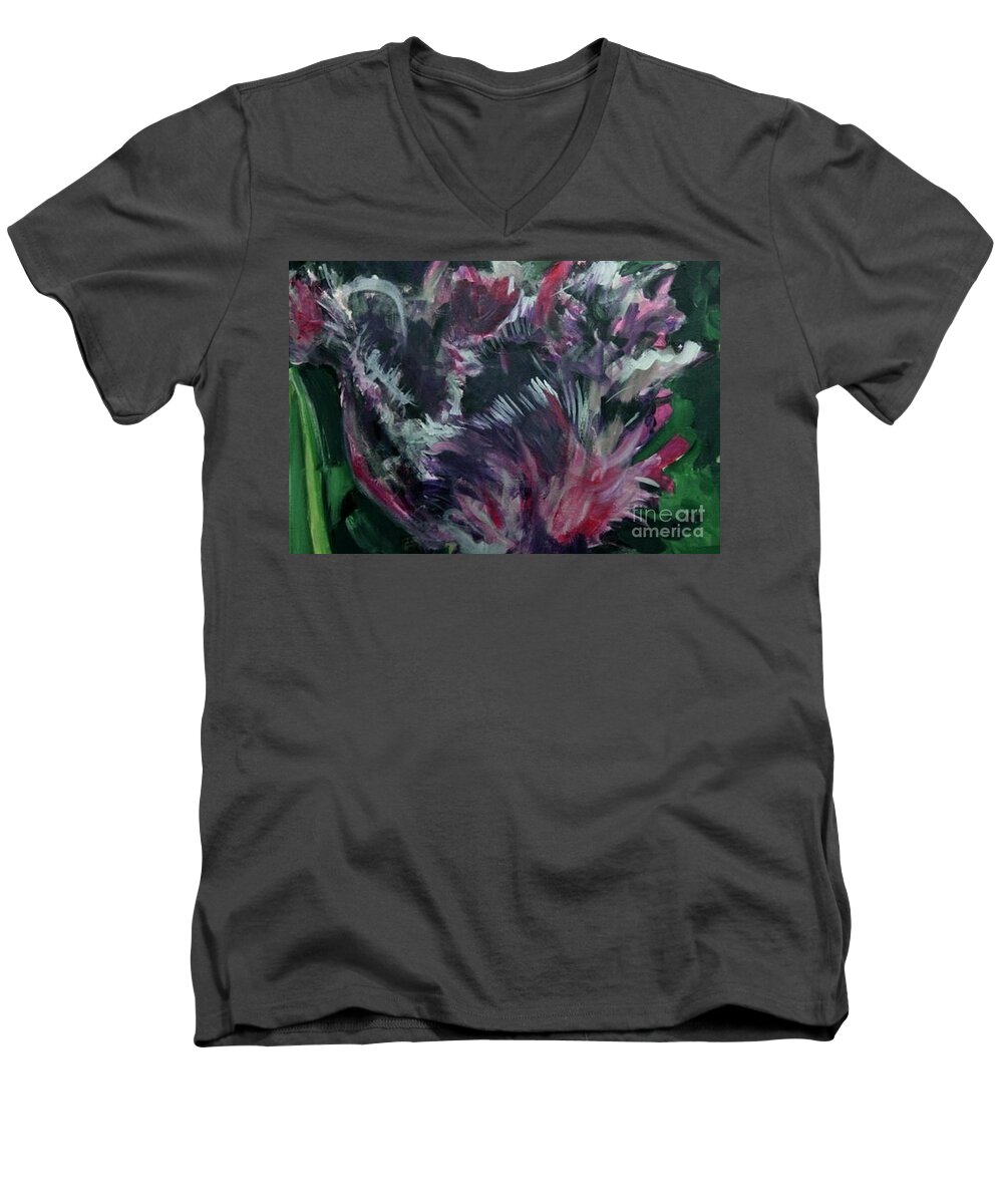 Floral Men's V-Neck T-Shirt featuring the painting Purple Parrot by Diane montana Jansson