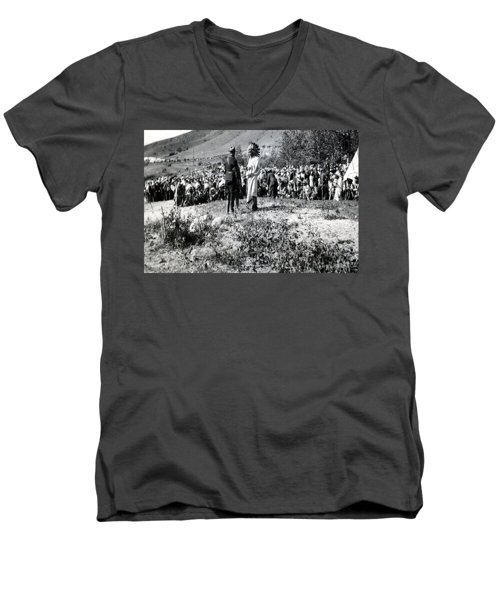 Native Canadian Rcmp Qu' Appelle Saskatchewan 1920s Meeting Indian People Feathers Head Dress Uniform Prairies Valley  Men's V-Neck T-Shirt featuring the photograph Qu' Appelle Natives by Andrea Lawrence