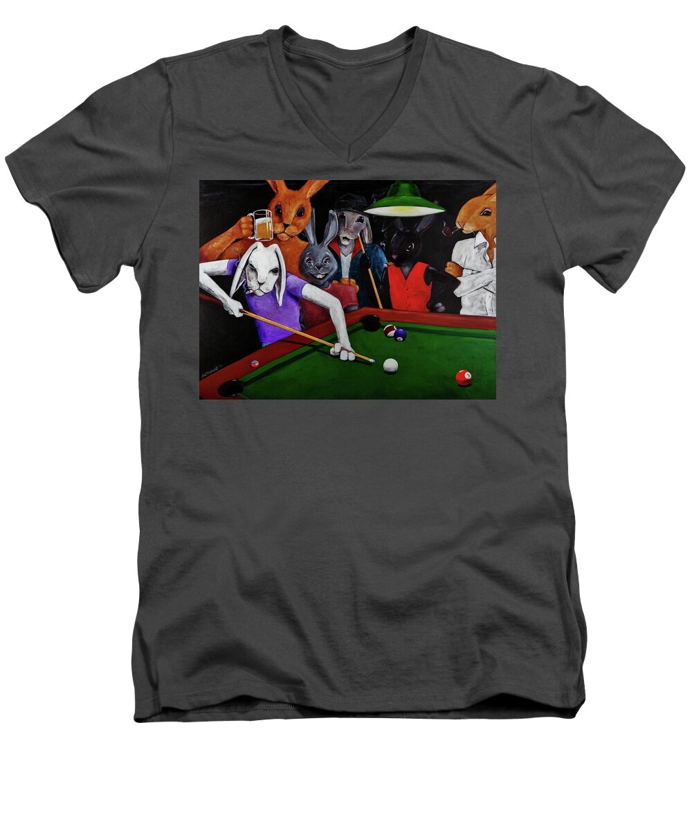 Rabbits Playing Pool Men's V-Neck T-Shirt featuring the painting Rabbit Games by Jason Reinhardt