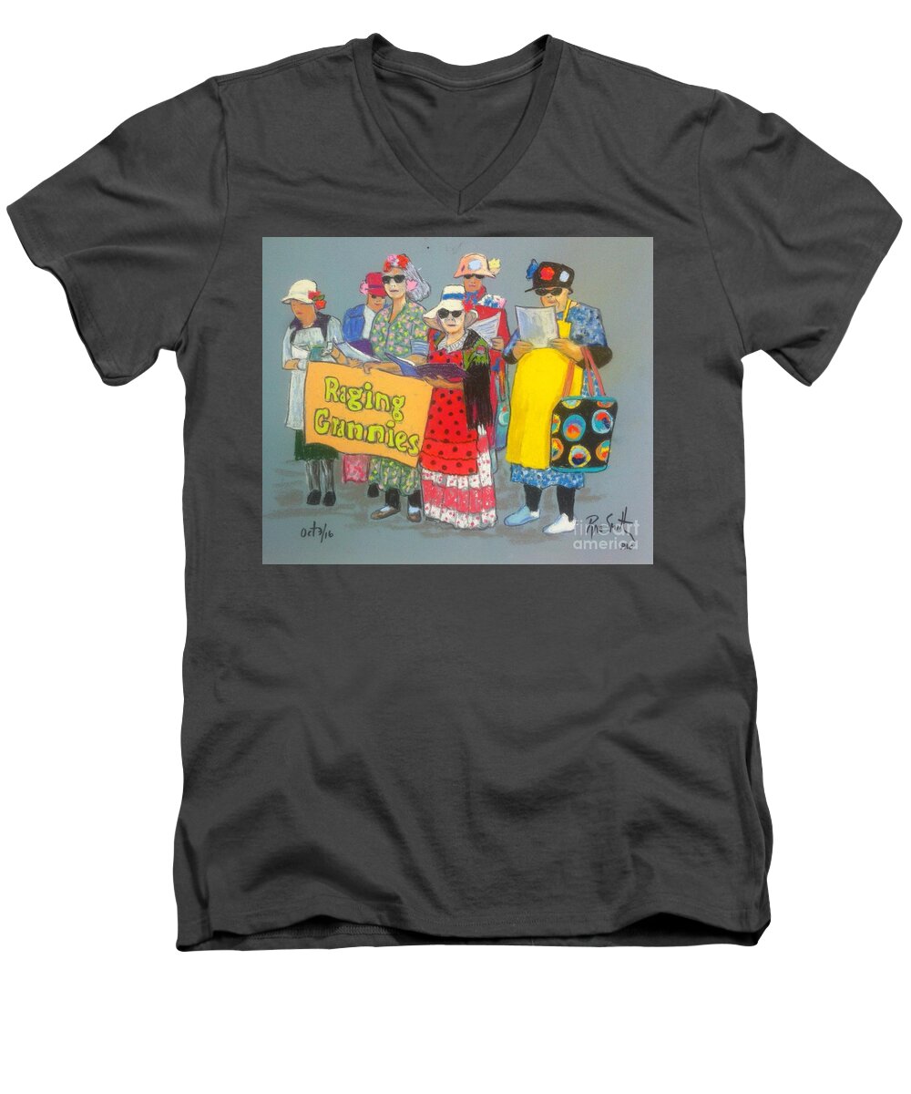 Pastels Men's V-Neck T-Shirt featuring the pastel Raging Grannies by Rae Smith