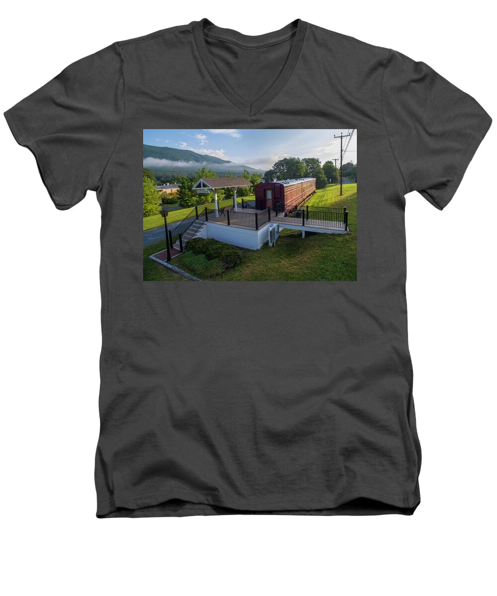 Buchanan Men's V-Neck T-Shirt featuring the photograph Rail Car Inn Buchanan by Star City SkyCams