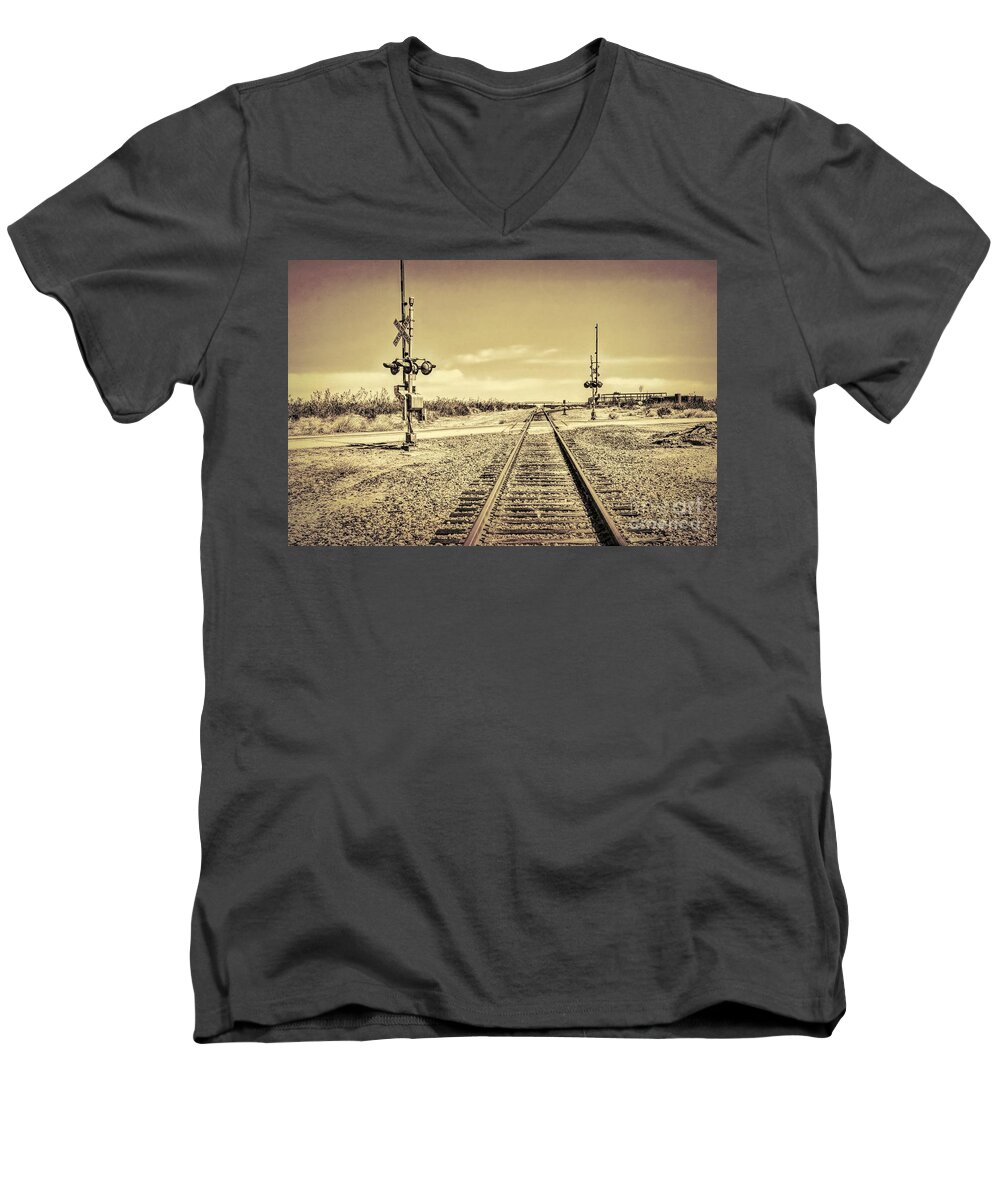 Railroad Crossing Men's V-Neck T-Shirt featuring the digital art Railroad Crossing Textured by Joe Lach