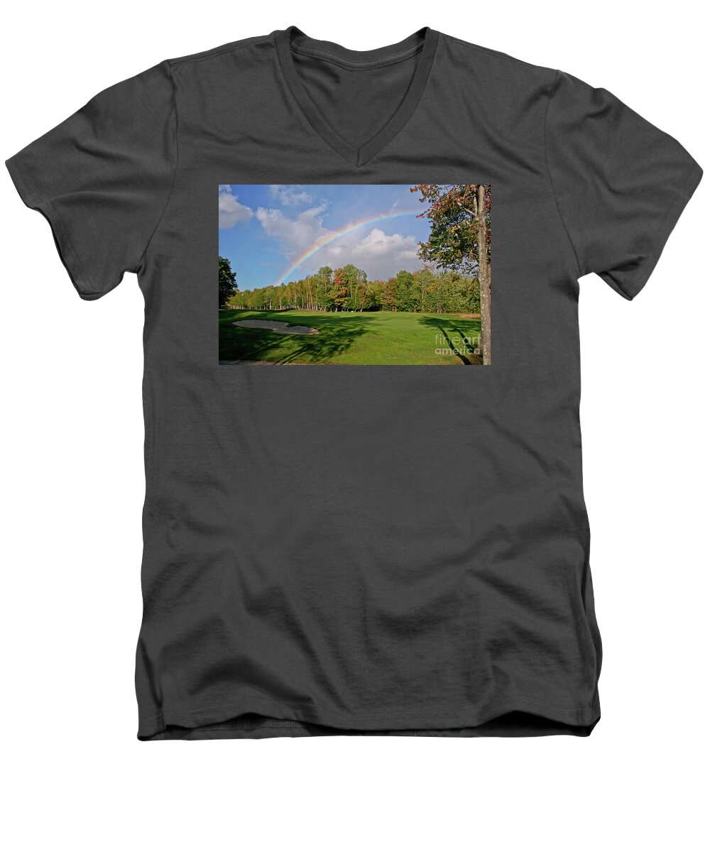 Rainbow Men's V-Neck T-Shirt featuring the photograph Rainbow over # 6 by Butch Lombardi