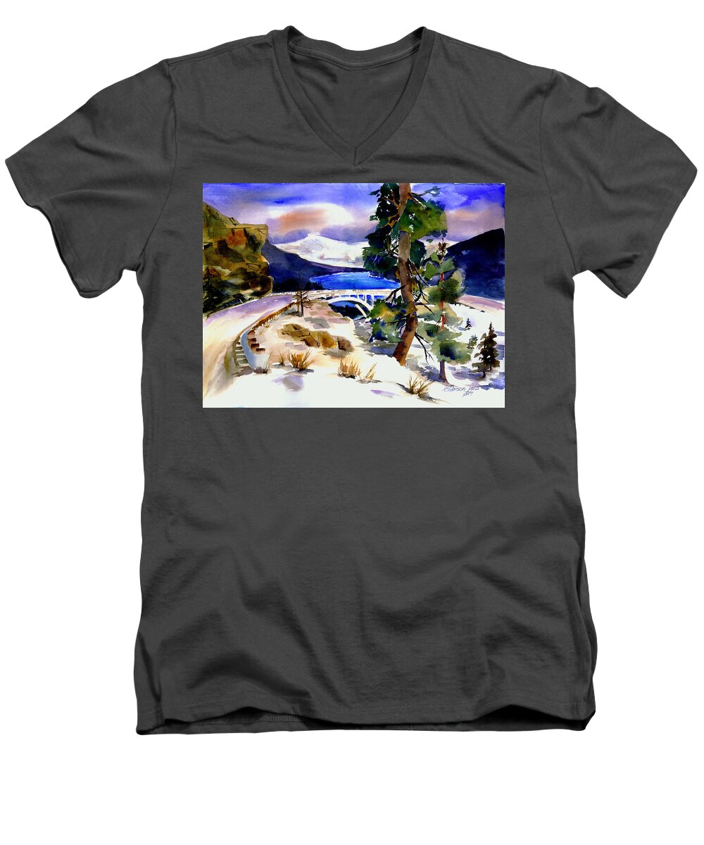 Rainbow Bridge Men's V-Neck T-Shirt featuring the painting RainbowBridge above Donner Lake by Joan Chlarson