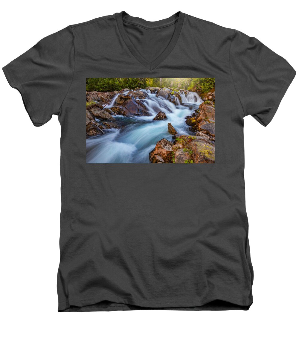 Waterfall Men's V-Neck T-Shirt featuring the photograph Rainier Runoff by Darren White
