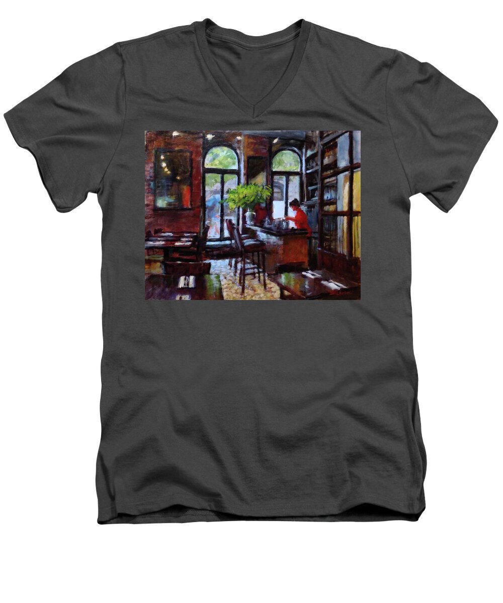 Spice Restaurant Men's V-Neck T-Shirt featuring the painting Rainy Morning in the Restaurant by Peter Salwen