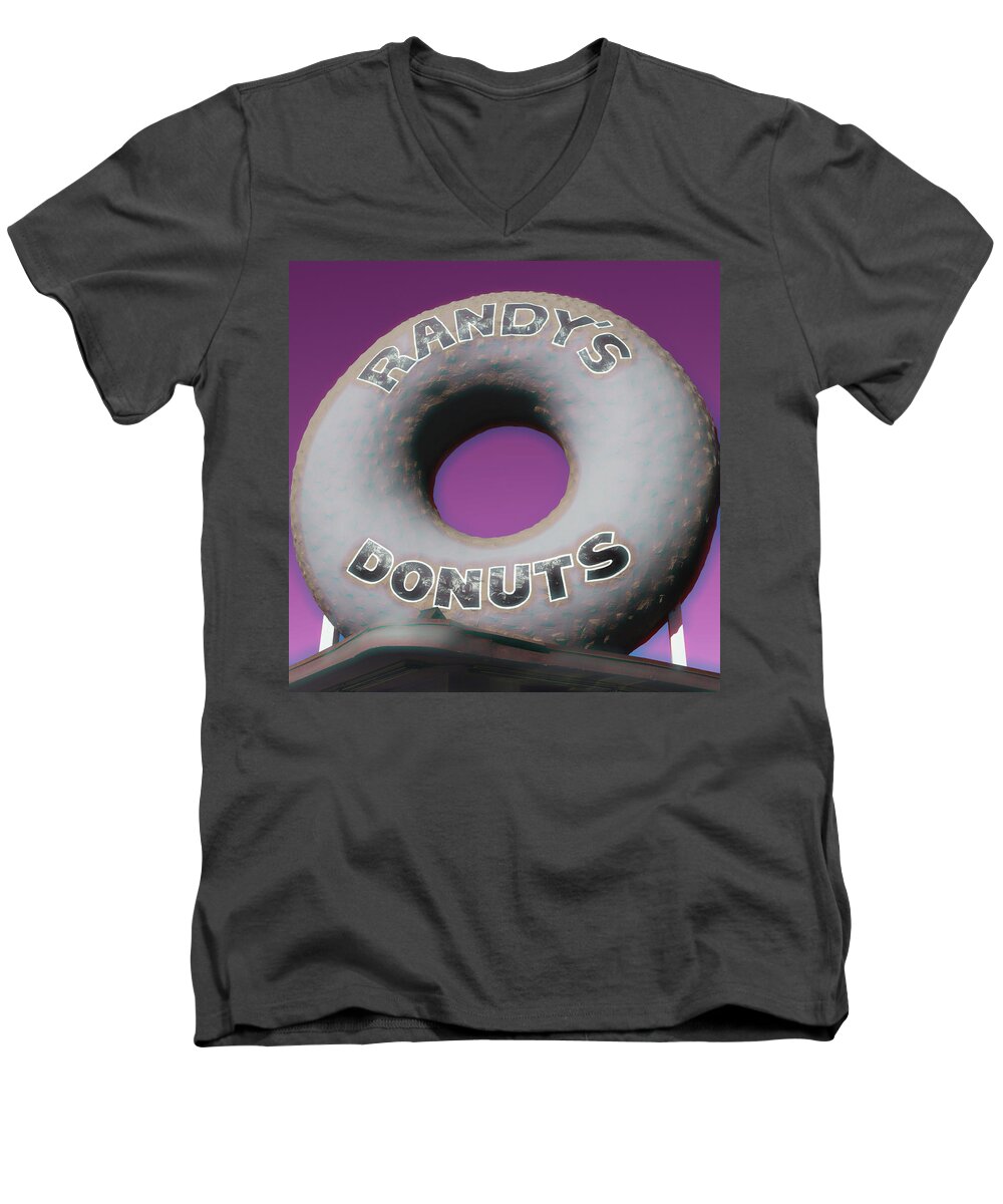 Randy's Donuts Men's V-Neck T-Shirt featuring the photograph Randy's Donuts - 14 by Stephen Stookey