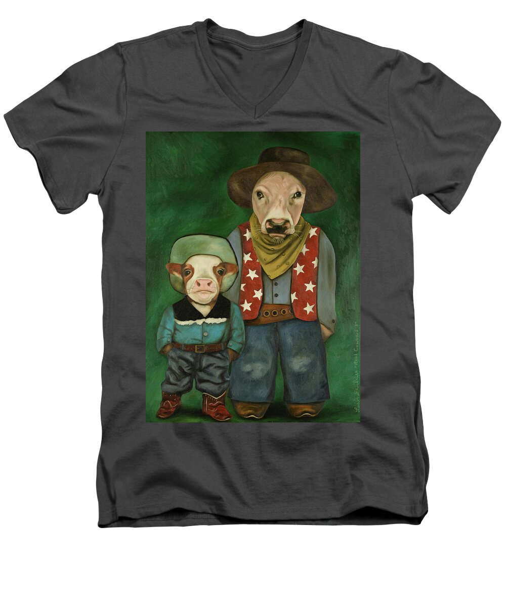 Real Cowboys Men's V-Neck T-Shirt featuring the painting Real Cowboys 3 by Leah Saulnier The Painting Maniac