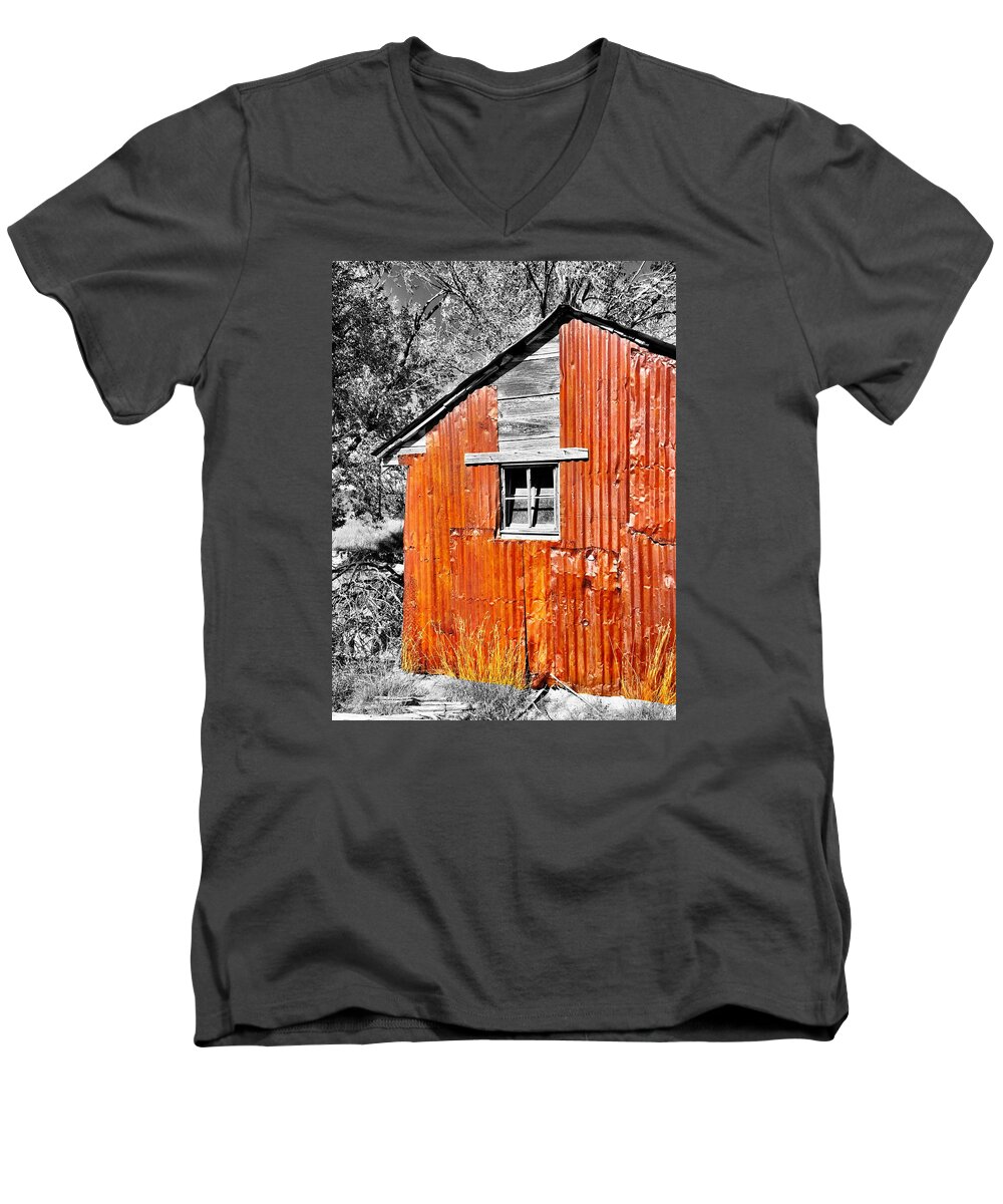 Old Buildings Men's V-Neck T-Shirt featuring the photograph Red Armor by Brad Hodges