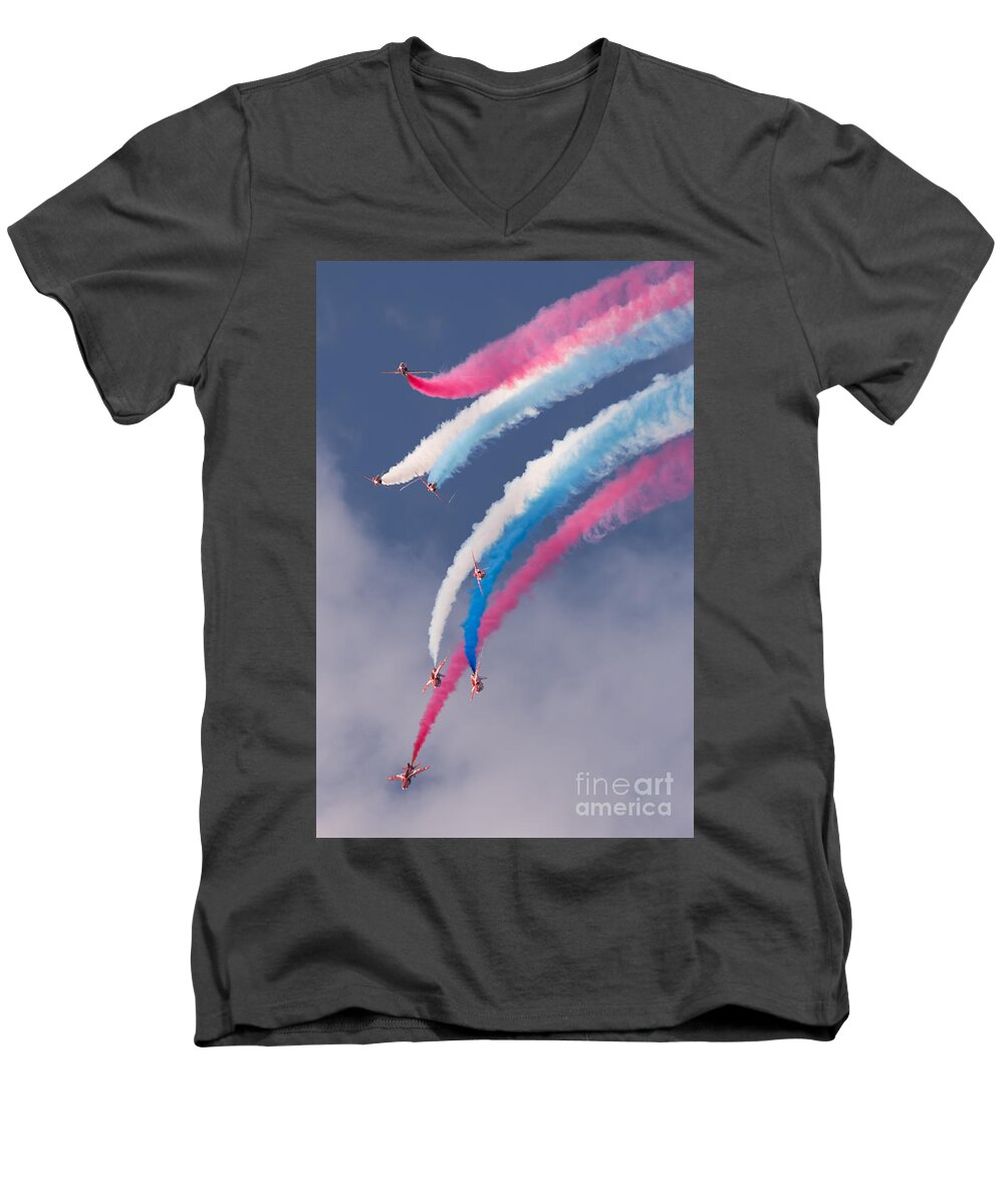 Balloon Fiesta Men's V-Neck T-Shirt featuring the photograph Red Arrows display by Colin Rayner